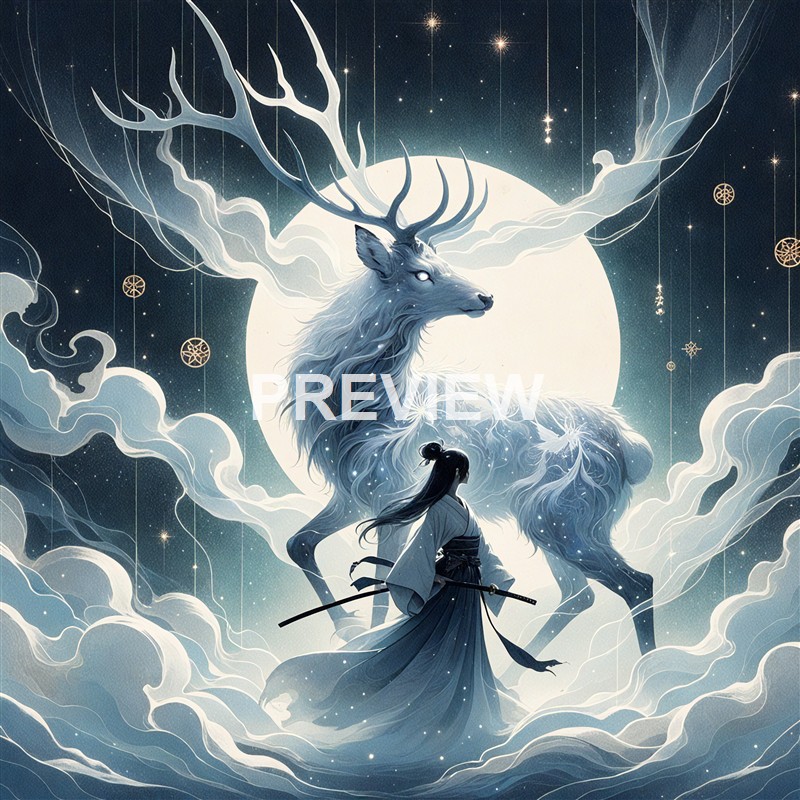 A mystical scene featuring a large, luminous deer with glowing eyes and elaborate antlers standing behind a person dressed in traditional clothing, set against a starry night sky with a full moon.